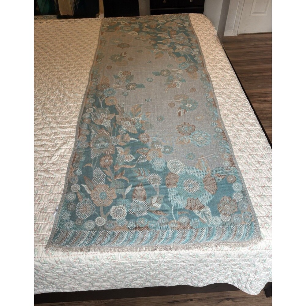Chico’s Neutral Floral Jacquard Oblong Scarf With Fringe 73X28